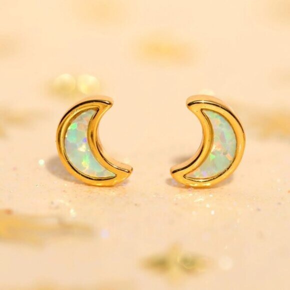 Dainty Opal Stud Earrings Pretty Opal Ear Stack Celestial Earrings Moon Studs - Picture 9 of 13